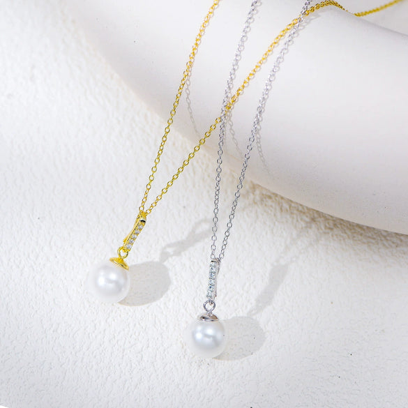 Wholesale Women's Geometric 925 Sterling Silver Diamond Micropaved Zircon Pearl Pendant Cross Chain Necklace