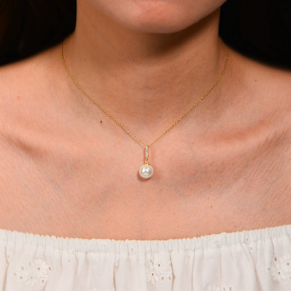 Wholesale Women's Geometric 925 Sterling Silver Diamond Micropaved Zircon Pearl Pendant Cross Chain Necklace