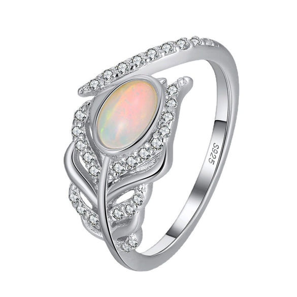 Wholesale Women's Geometric 925 Sterling Silver Ring With Natural Opal Stone And Feather Diamond Hollow Electroplated