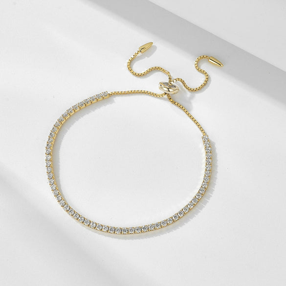 Wholesale Women's Geometric Style S925 Sterling Silver Bracelet With Single Row Full Diamond 2Mm Round Zircon Pull Adjustable