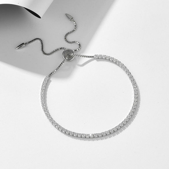 Wholesale Women's Geometric Style S925 Sterling Silver Bracelet With Single Row Full Diamond 2Mm Round Zircon Pull Adjustable