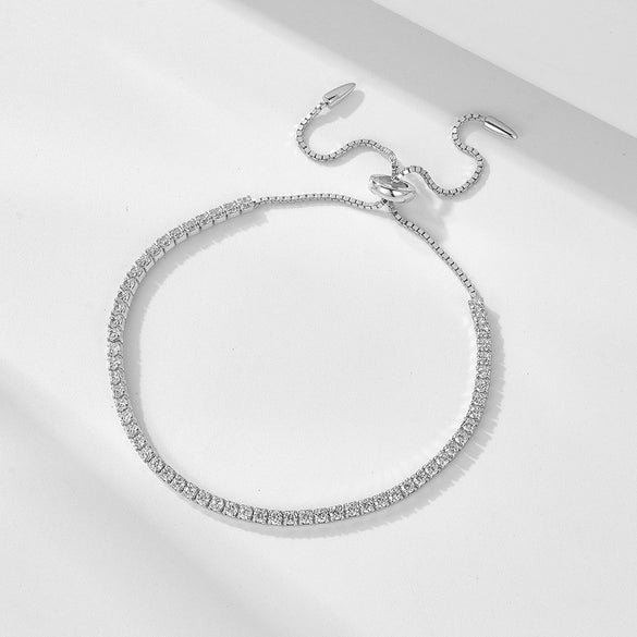 Wholesale Women's Geometric Style S925 Sterling Silver Bracelet With Single Row Full Diamond 2Mm Round Zircon Pull Adjustable