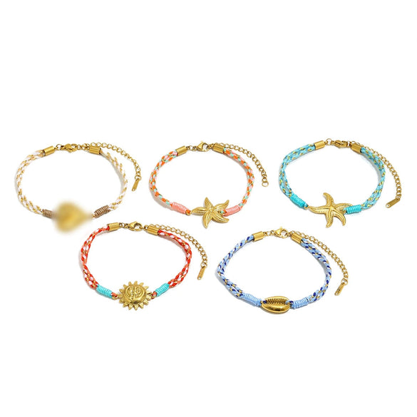 Wholesale Women's Geometric Style String Woven Rope Bracelet With 18K Goldplated Stainless Steel Sun Pendant