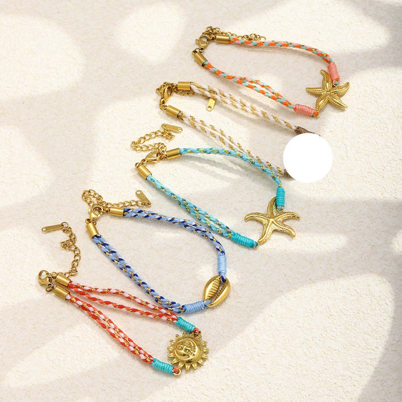 Wholesale Women's Geometric Style String Woven Rope Bracelet With 18K Goldplated Stainless Steel Sun Pendant