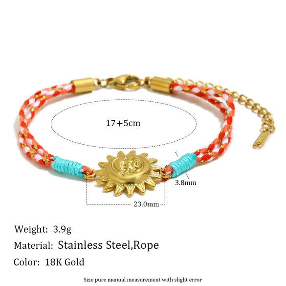 Wholesale Women's Geometric Style String Woven Rope Bracelet With 18K Goldplated Stainless Steel Sun Pendant