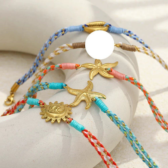 Wholesale Women's Geometric Style String Woven Rope Bracelet With 18K Goldplated Stainless Steel Sun Pendant