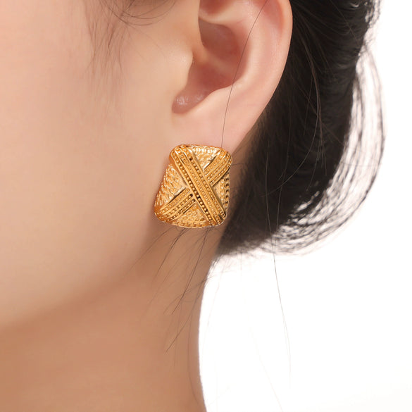 Wholesale Women's Geometric Style 316L Stainless Steel 18K Gold Plated Multilayer Line Texture Stitching Earrings