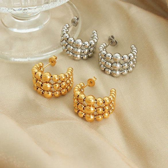 Wholesale Women's Geometric Titanium Steel Electroplated Cshaped Beaded Earrings Retro Style