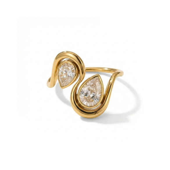 Wholesale Women's Geometric Titanium Steel Electroplated Double Water Drop Zircon Hollow Inlay Open Ring Jewelry
