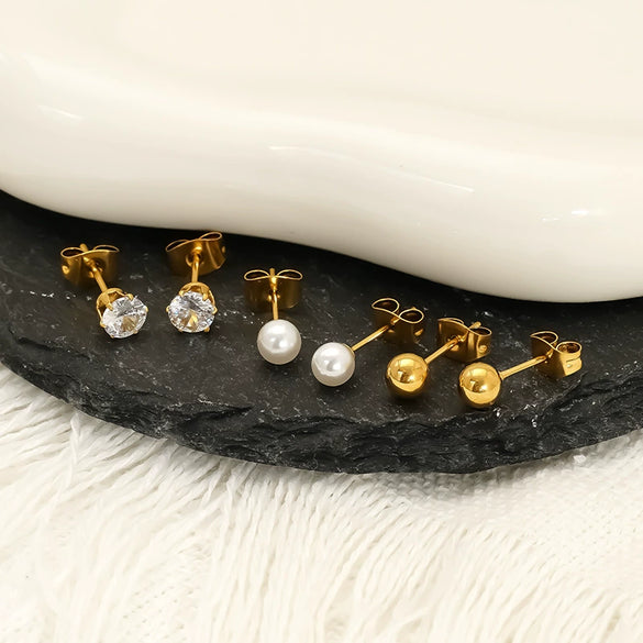 Wholesale Women's Geometric Titanium Steel Electroplated Earrings With Zircon And Pearl Beads