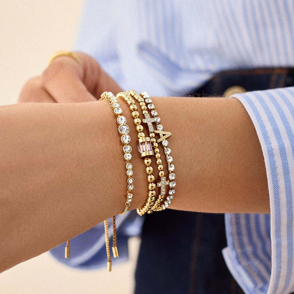 Wholesale Women's Geometric Titanium Steel Electroplated Gold Beads Birthstone Zircon Beaded Bracelet