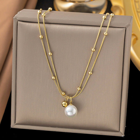 Wholesale Women's Geometric Titanium Steel Electroplated Pearl Double Chain Clavicle Necklace