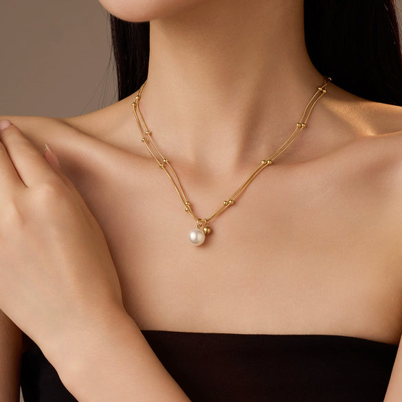 Wholesale Women's Geometric Titanium Steel Electroplated Pearl Double Chain Clavicle Necklace