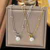 Wholesale Women's Geometric Titanium Steel Electroplated Pearl Double Chain Clavicle Necklace