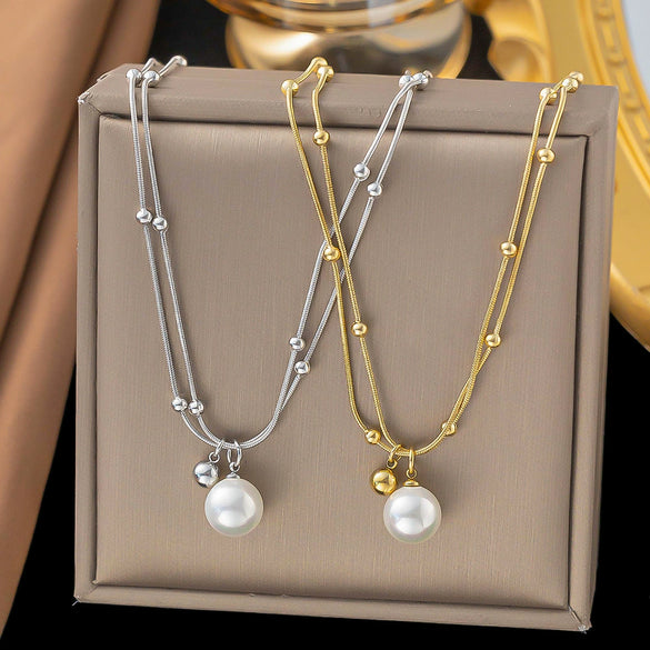 Wholesale Women's Geometric Titanium Steel Electroplated Pearl Double Chain Clavicle Necklace