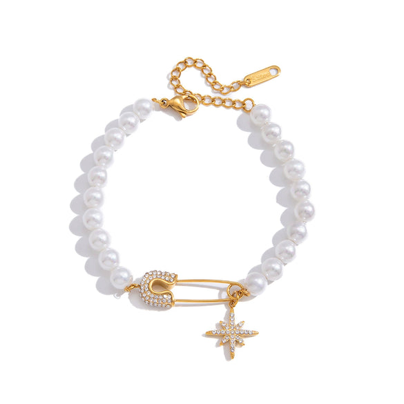 Wholesale Women's Geometric Titanium Steel Electroplated Rhinestone Star Imitation Pearl Bracelet