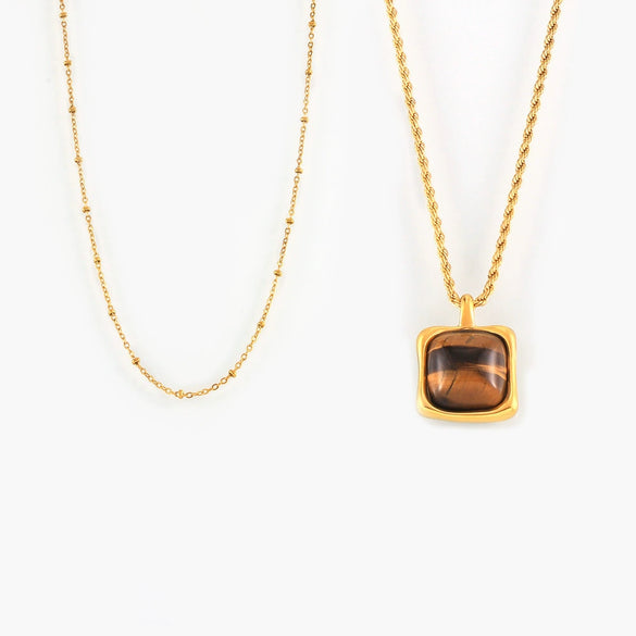 Wholesale Women's Geometric Titanium Steel Inlaid Tiger's Eye Stone Pendant Necklace With 18K Gold Plated Electroplating And Twist Chain