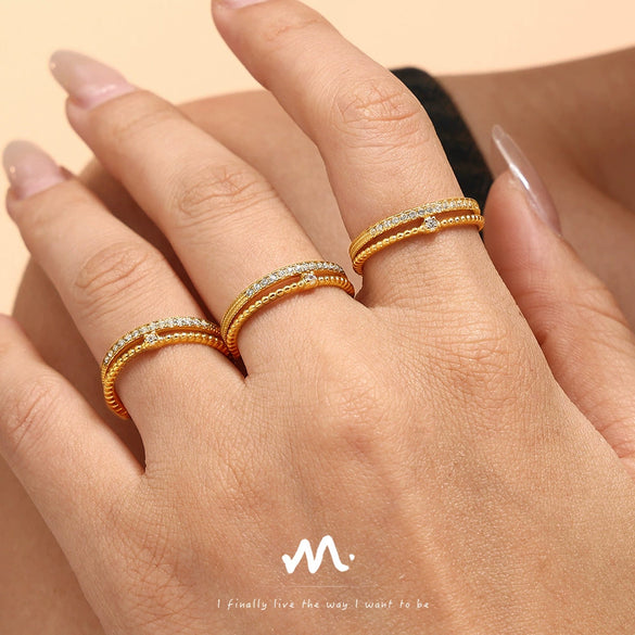 Wholesale Women's Geometric 316L Stainless Steel 18K Gold Plated Double Cast Opening Zircon Ring