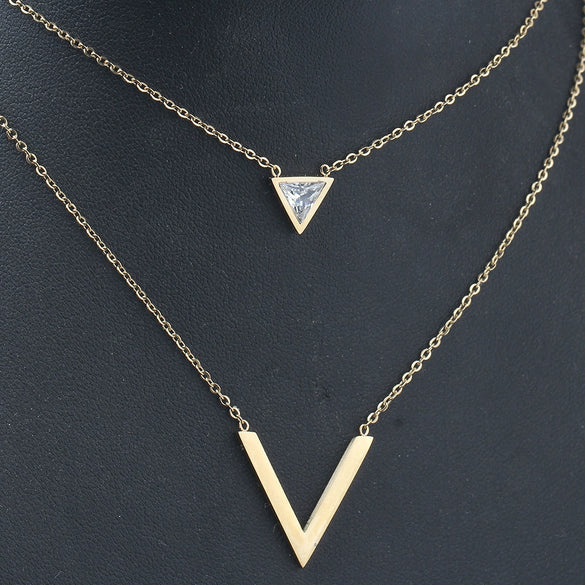 Wholesale Women's Geometric Triangle Stitching Necklace Set With Gem Inlaid In Titanium Steel