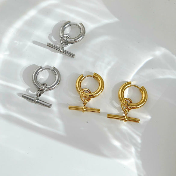 Wholesale Women's Geometric Tstick Pendant Ring Removable Stainless Steel Earrings With Electroplating