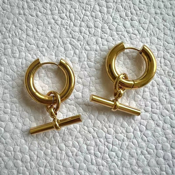 Wholesale Women's Geometric Tstick Pendant Ring Removable Stainless Steel Earrings With Electroplating