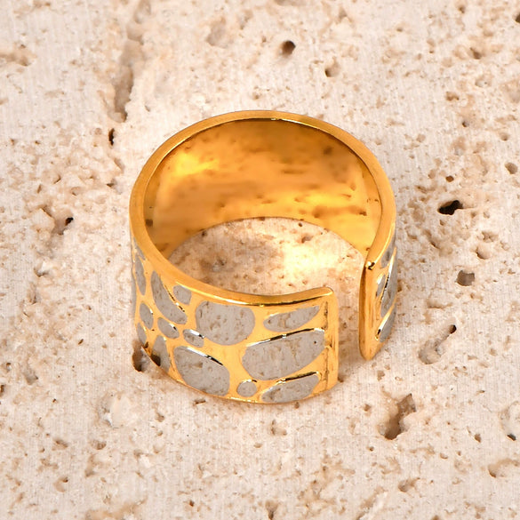 Wholesale Women's Geometric Twocolor Cobblestone Open Widefaced Ring Titanium Steel 18K Gold Plated