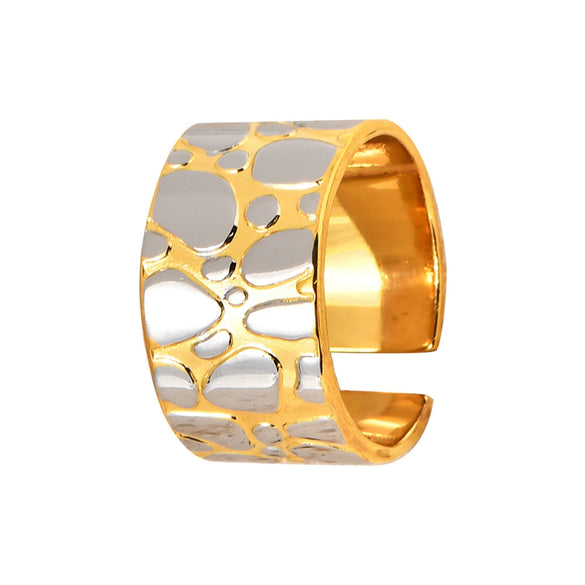 Wholesale Women's Geometric Twocolor Cobblestone Open Widefaced Ring Titanium Steel 18K Gold Plated