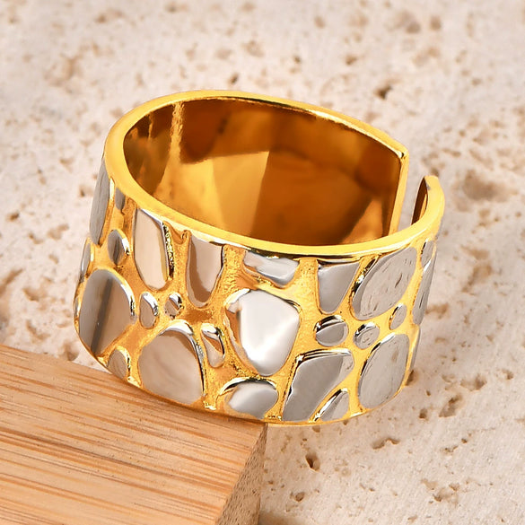 Wholesale Women's Geometric Twocolor Cobblestone Open Widefaced Ring Titanium Steel 18K Gold Plated