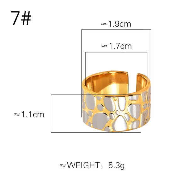 Wholesale Women's Geometric Twocolor Cobblestone Open Widefaced Ring Titanium Steel 18K Gold Plated
