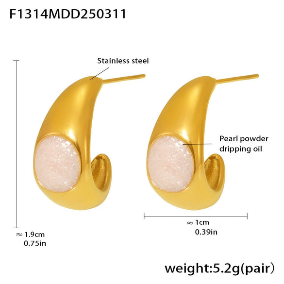 Wholesale Women's Geometric Ushaped And Crescent Cshaped Stainless Steel Pearl Powder Dripping Oil Electroplated 18K Gold Earrings