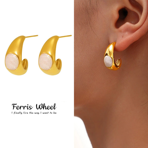 Wholesale Women's Geometric Ushaped And Crescent Cshaped Stainless Steel Pearl Powder Dripping Oil Electroplated 18K Gold Earrings