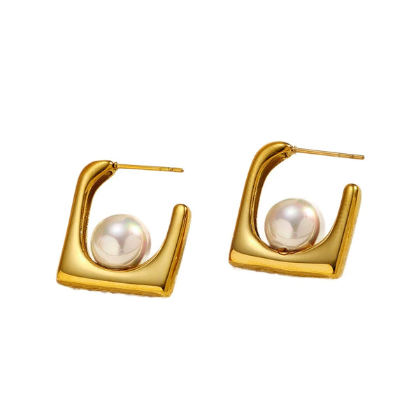 Wholesale Women's Geometric Ushaped Pearl Titanium Steel Electroplated Earrings
