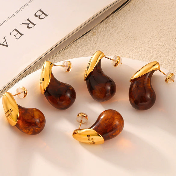 Wholesale Women's Geometric Vintage Simple Drop Earrings Resin Design 316L Stainless Steel Gold Plated