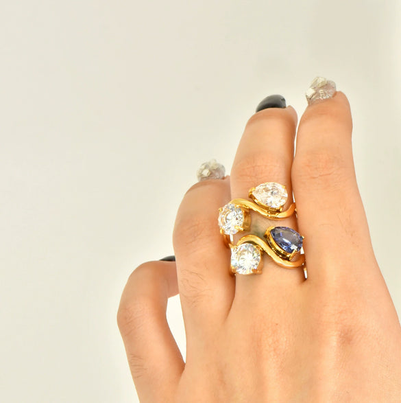 Wholesale Women's Geometric Water Drop Zircon Double Ring Titanium Steel Electroplated Jewelry Accessories