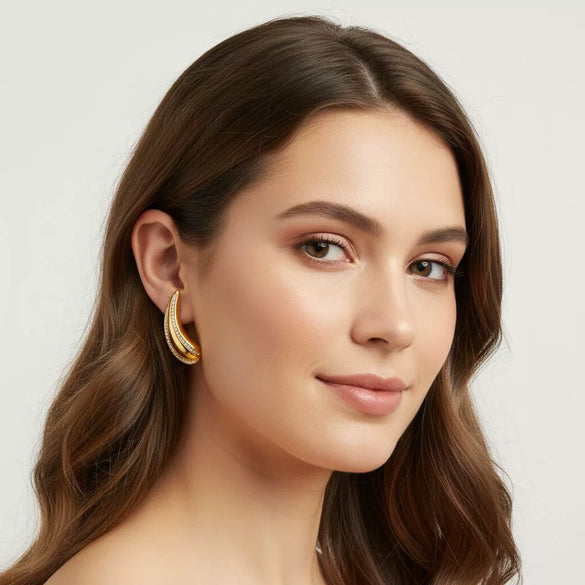 Wholesale Women's Geometric Water Dropshaped Leaf Stainless Steel Earrings With Vacuum Real Gold Plating In Pvd Furnace And Diamond Studded