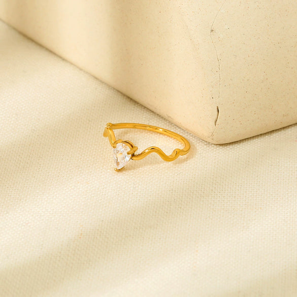 Wholesale Women's Geometric Wave Drop Shape Zircon Stainless Steel 18K Gold Plated Stacked Ring
