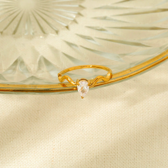 Wholesale Women's Geometric Wave Drop Shape Zircon Stainless Steel 18K Gold Plated Stacked Ring