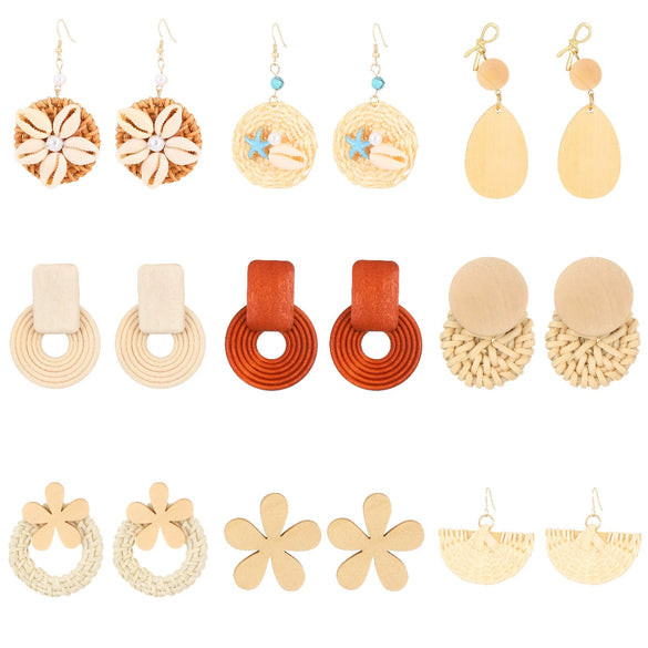 Wholesale Women's Geometric Wooden Threaded Rattan Earrings With Drop Shape And Polishing Treatment