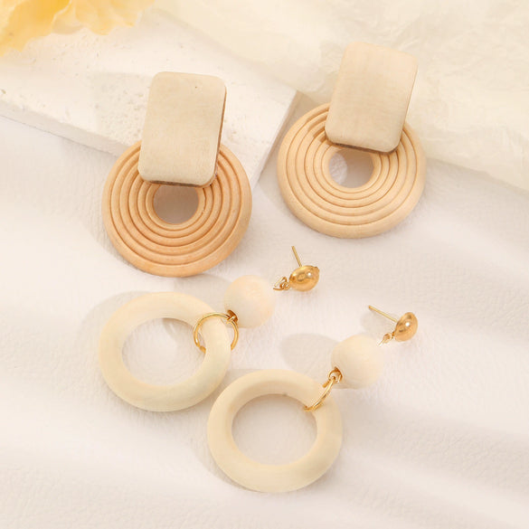 Wholesale Women's Geometric Wooden Threaded Rattan Earrings With Drop Shape And Polishing Treatment