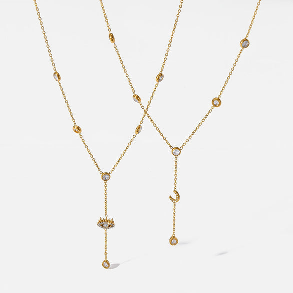 Wholesale Women's Geometric Yshaped Stainless Steel Necklace With Evil Eye And Moon Pendant Featuring Vacuum Real Gold Plating And Oshaped Chain