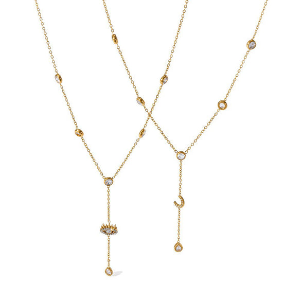 Wholesale Women's Geometric Yshaped Stainless Steel Necklace With Evil Eye And Moon Pendant Featuring Vacuum Real Gold Plating And Oshaped Chain