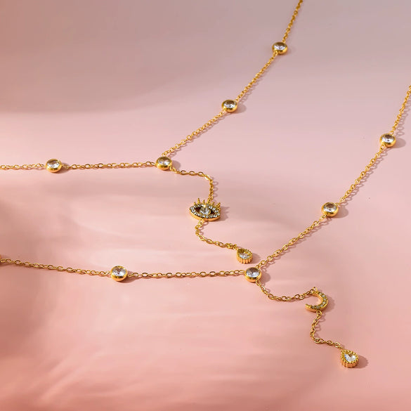 Wholesale Women's Geometric Yshaped Stainless Steel Necklace With Evil Eye And Moon Pendant Featuring Vacuum Real Gold Plating And Oshaped Chain