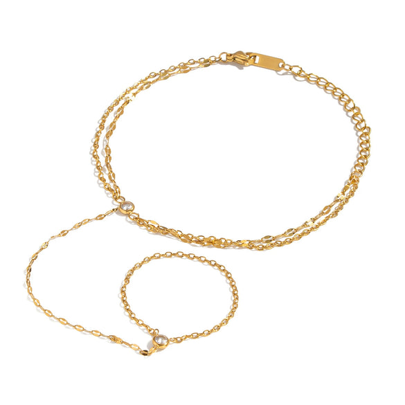 Wholesale Women's Geometric Zircon Finger Chain Bracelet Real Gold Plated Stainless Steel