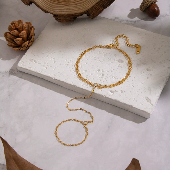 Wholesale Women's Geometric Zircon Finger Chain Bracelet Real Gold Plated Stainless Steel