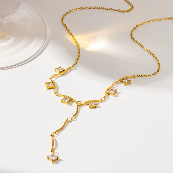 Wholesale Women's Geometric Zircon Tassel Pendant Yshaped Stainless Steel Necklace With Pvd Furnace Vacuum Real Gold Plating