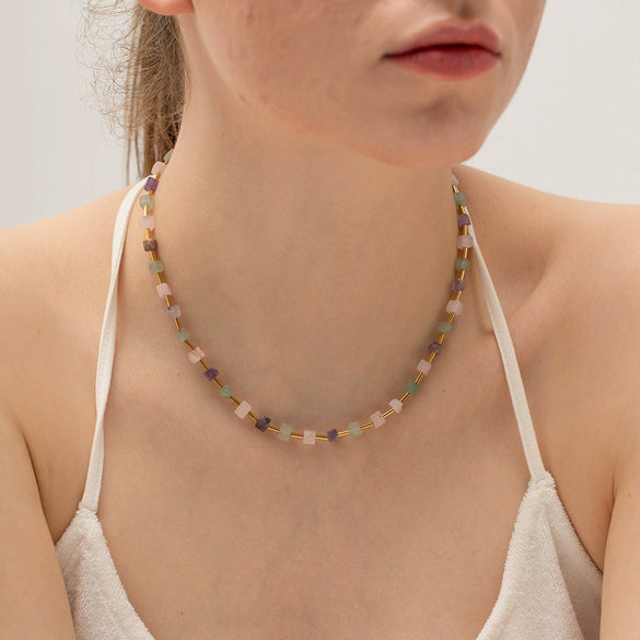 Wholesale Women's Geometry Style Stainless Steel And Titanium Steel Square Beaded Necklace With Electroplating In Spring And Summer