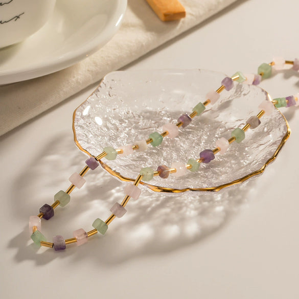 Wholesale Women's Geometry Style Stainless Steel And Titanium Steel Square Beaded Necklace With Electroplating In Spring And Summer
