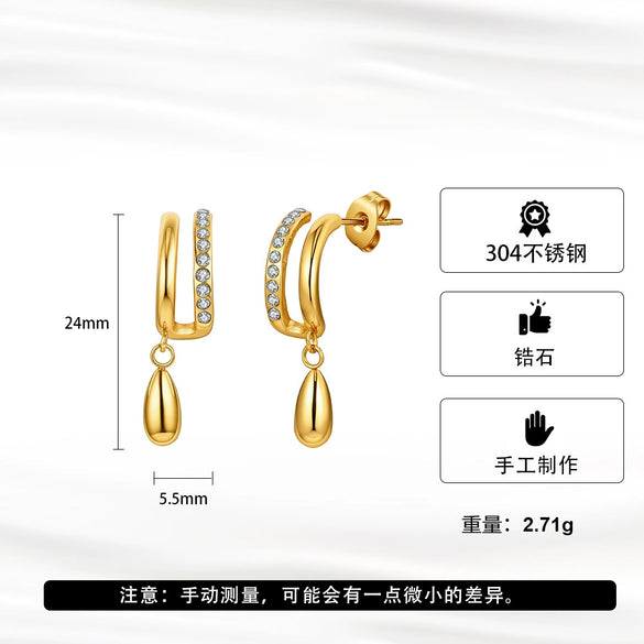 Wholesale Women's Glowing Titanium Steel And Stainless Steel Geometric Doublelayer Cring And Water Drop Pendant Earrings With Vacuum Real Gold Plating