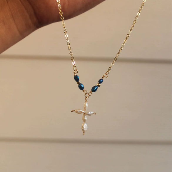 Wholesale Women's Gold Electroplated Stainless Steel Pearl Cross Pendant Necklace