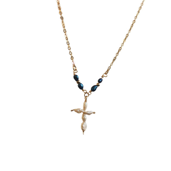 Wholesale Women's Gold Electroplated Stainless Steel Pearl Cross Pendant Necklace